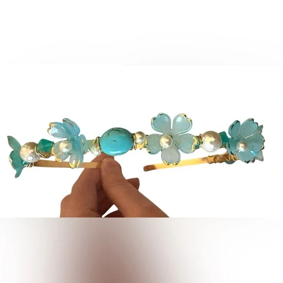 Fairy Headband with Lucite Flowers, Turquoise, Czech Glass and Glass Pearls - Picture 3 of 9